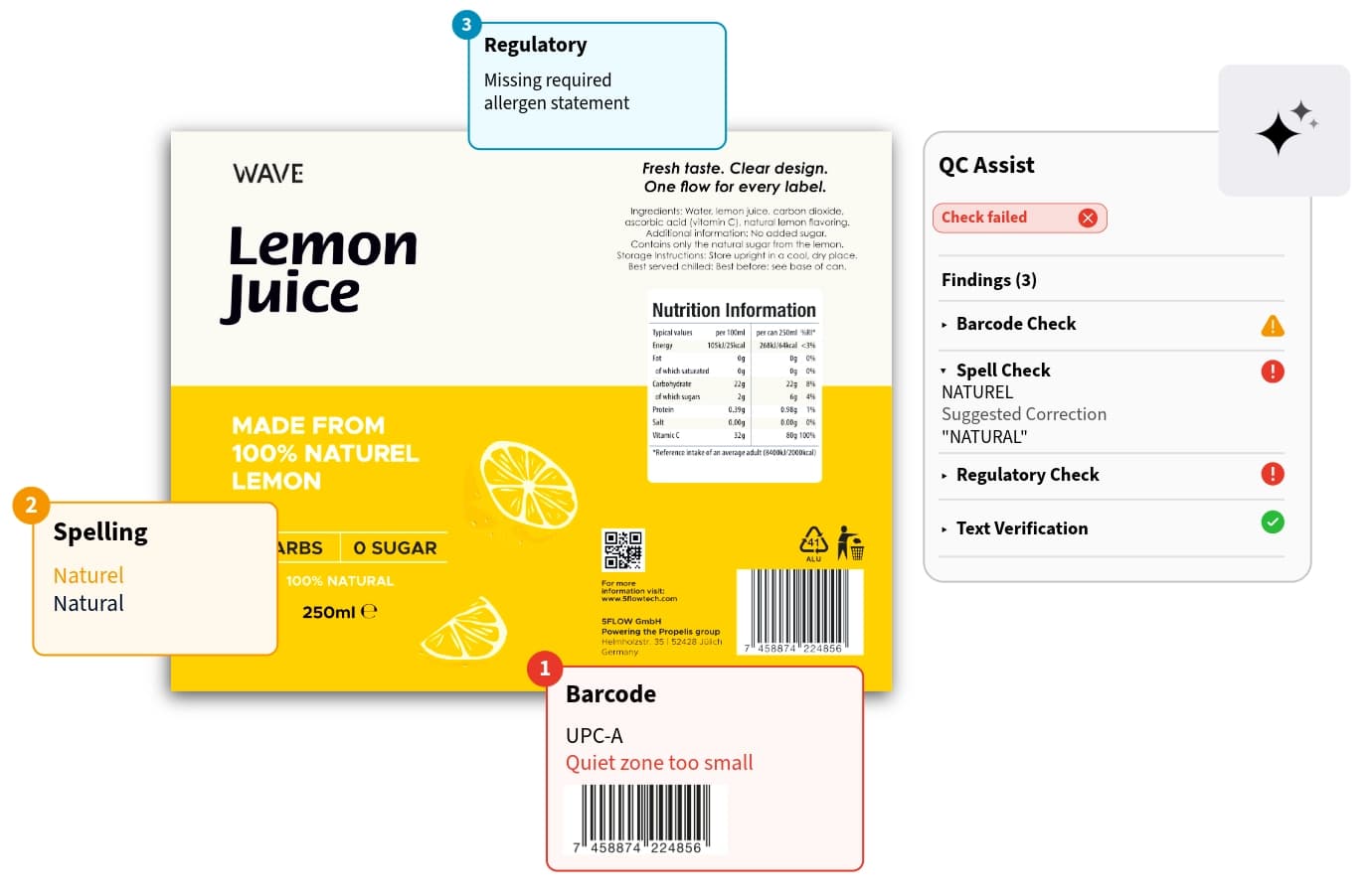 QC Assist label review with spelling, barcode and regulatory findings