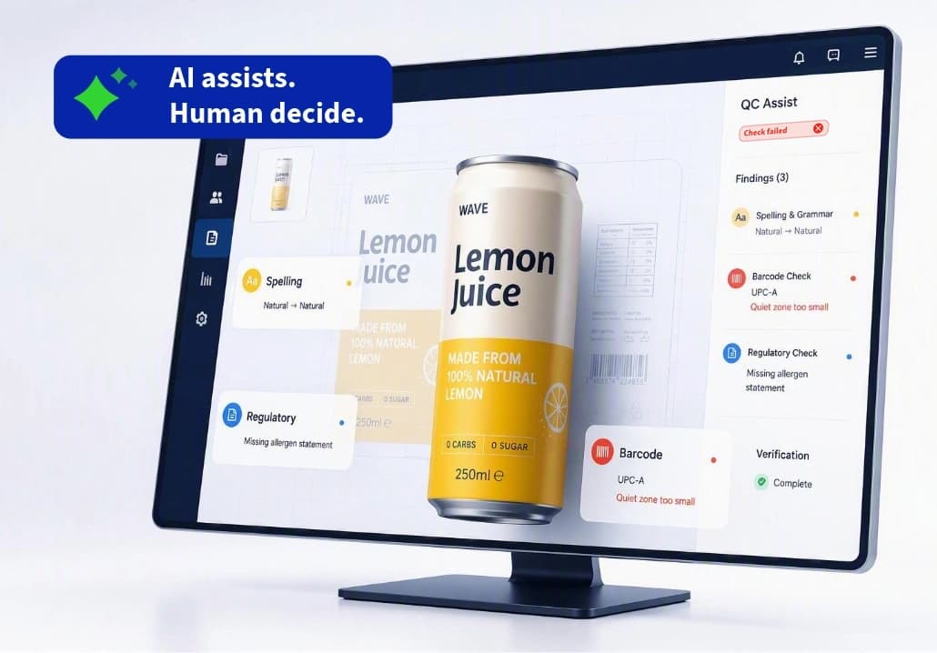 QC Assist screen showing AI-assisted packaging quality review