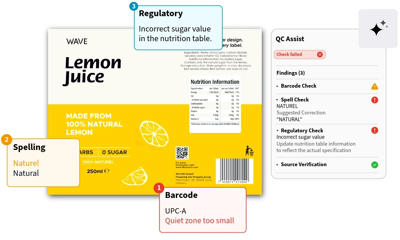 QC Assist label review with spelling, barcode and regulatory findings